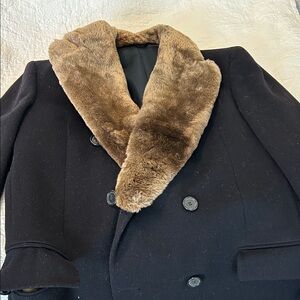 Saks Fifth Avenue Black Pea Coat with Brown Faux Fur Collar
